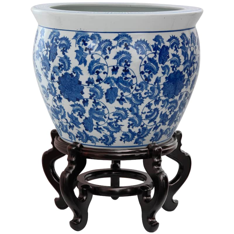 Handmade 20" Porcelain Blue and White Floral Fishbowl - 20.5" Diameter x 16.5" H