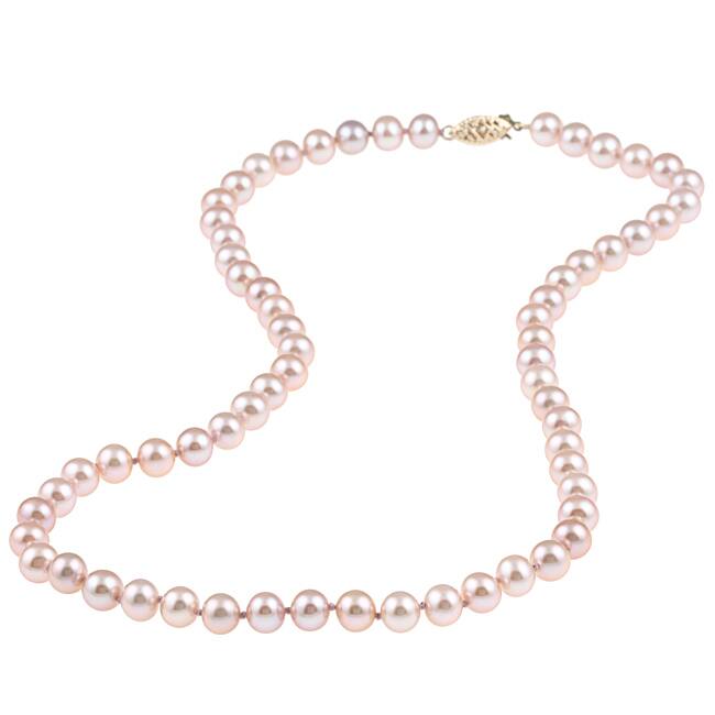 DaVonna 14k Yellow Gold 6-7mm Pink Freshwater Pearl Necklace