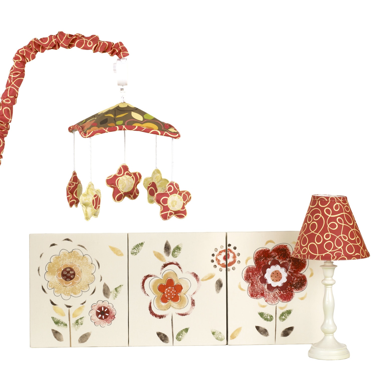 Cotton Tale Peggy Sue Decor Kit (Red/yellow/brown/greenPattern Peggy SueSet includes Wall art, mobile, standard lampHand painted on natural canvasLamp requires one (1) 60 watt bulb maximum (not included) Wind up mobile plays Brahms LullabyMaterials Pol
