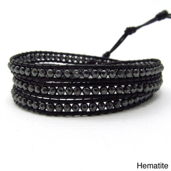Shop Handmade Facets Hematite/ Amethyst Genuine Black Leather 3-Wrap ...