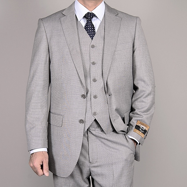 Men's Light Gray Wool/ Silk 3-Piece Vested Suit - Free Shipping Today ...