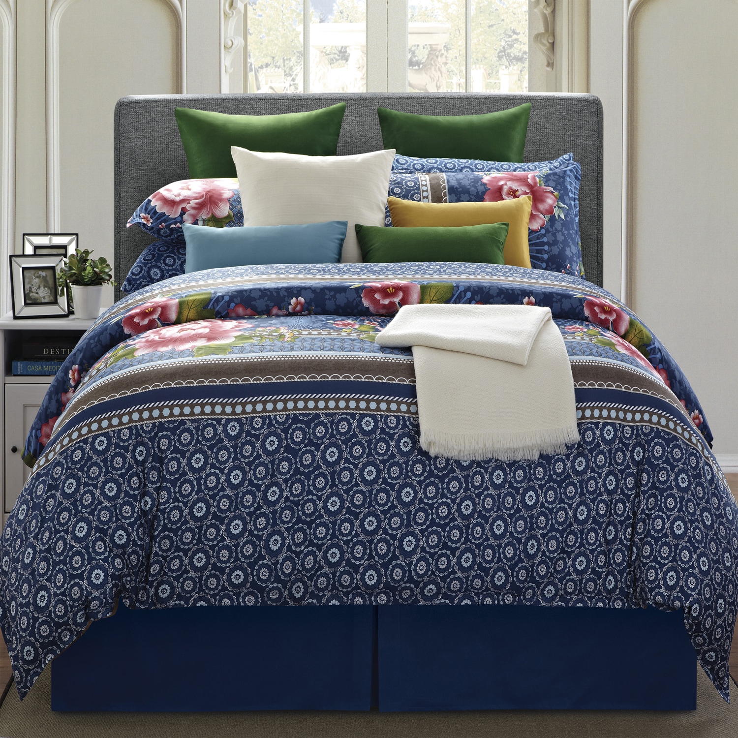 Shop Everrouge Royal Blue Floral 8 Piece Queen Cotton Comforter