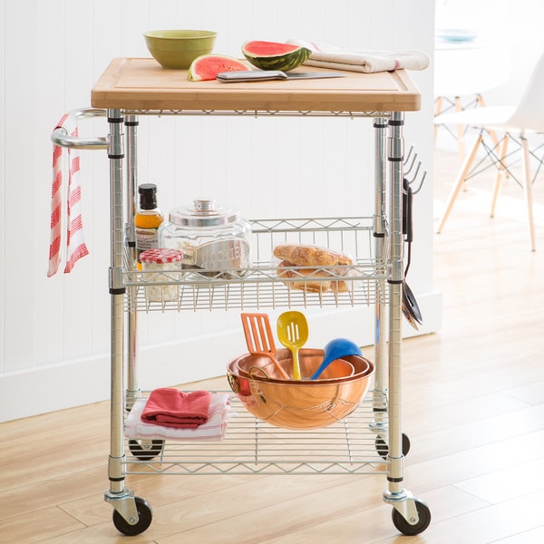 Shop Trinity EcoStorage Chrome Bamboo Top Kitchen Cart ...