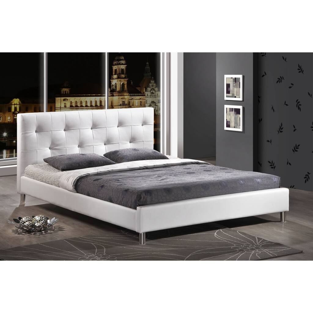 Barbara White Modern King-size Bed with Crystal Button Tufting
