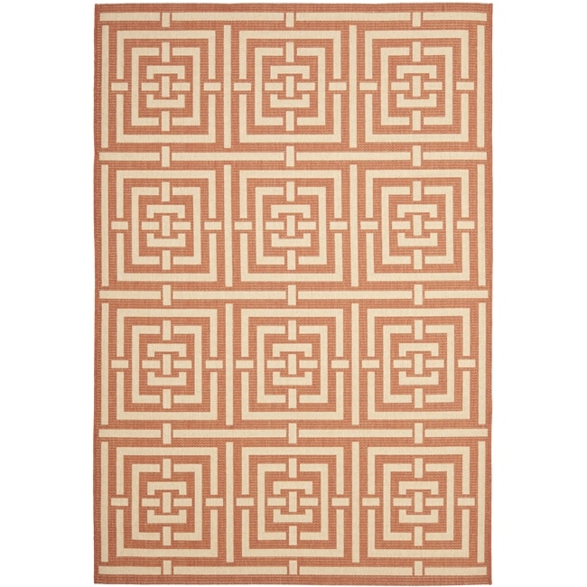 Poolside Terracotta/ Cream Geometric patterned Indoor/ Outdoor Rug (8 X 112)