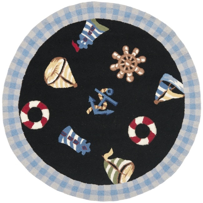 Hand hooked Nautical Black Wool Rug (4 Round)