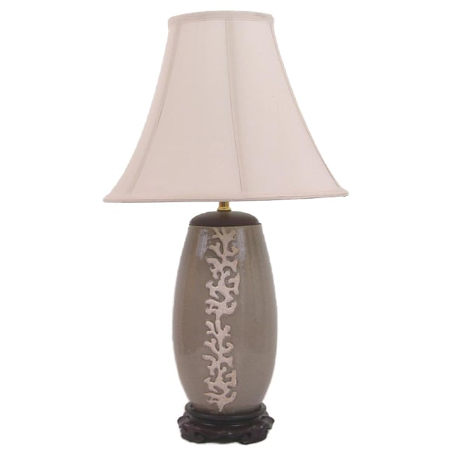 Coral Raised Motif On Gray Crackle Finished Porcelain Table Lamp With Shantung Silk Bell Lamp Shade