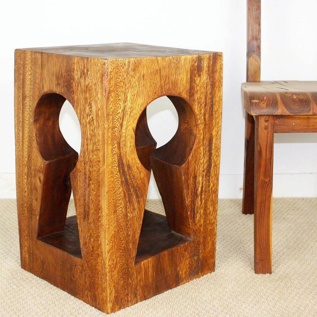 Monkey Pod Wood Keyhole Stool with Walnut-brown Finish (Thailand)