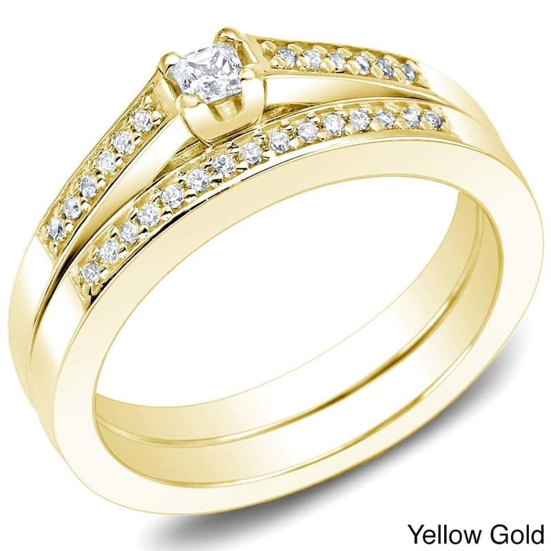 Auriya 10k Gold 1/4ctw Princess-cut Diamond Engagement Ring Set (I-J, I1-I2) - 4 - Yellow