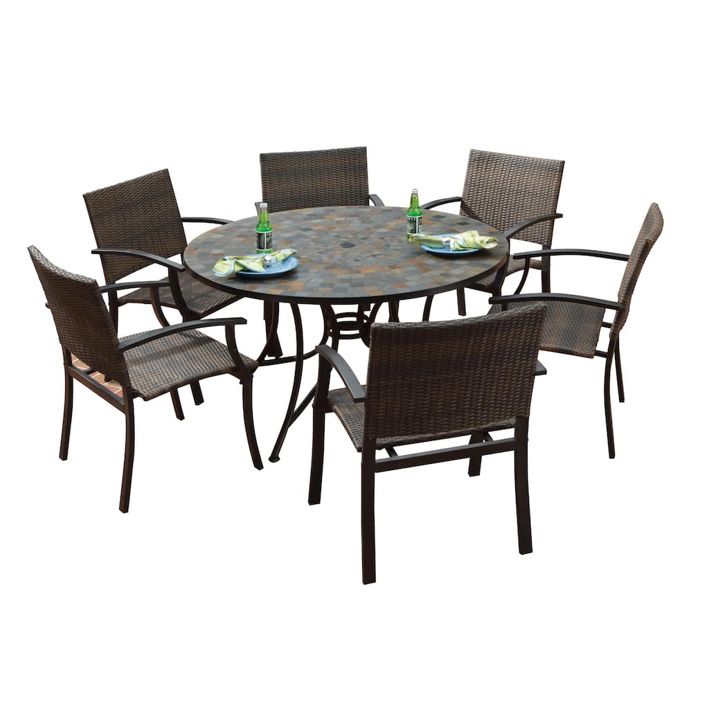 Stone Harbor Large Round Dining Table and Newport Arm Chairs 7-piece Outdoor Dining Set by Home Styles