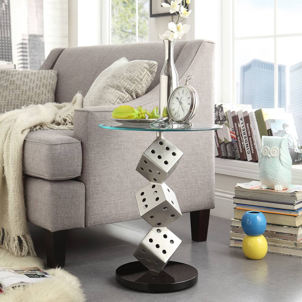 TRIBECCA HOME Ryde Dice Pillar Tempered Glass Steel Modern End Table