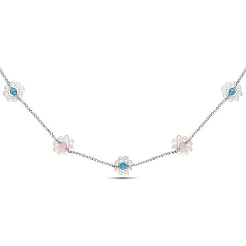 Miadora Silver Blue Agate, Rose Quartz and Pearl 39-inch Flower Necklace (4-5 mm)