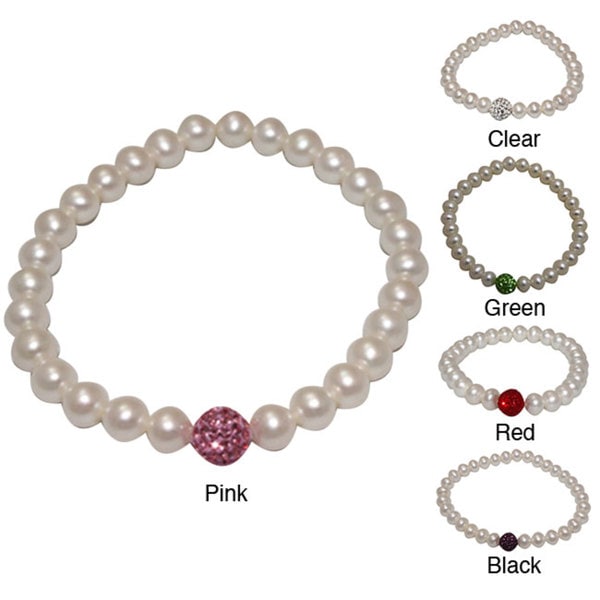 Pearlyta Freshwater Pearl and Crystal Bead Stretch Bracelet (6-7 mm) - Red