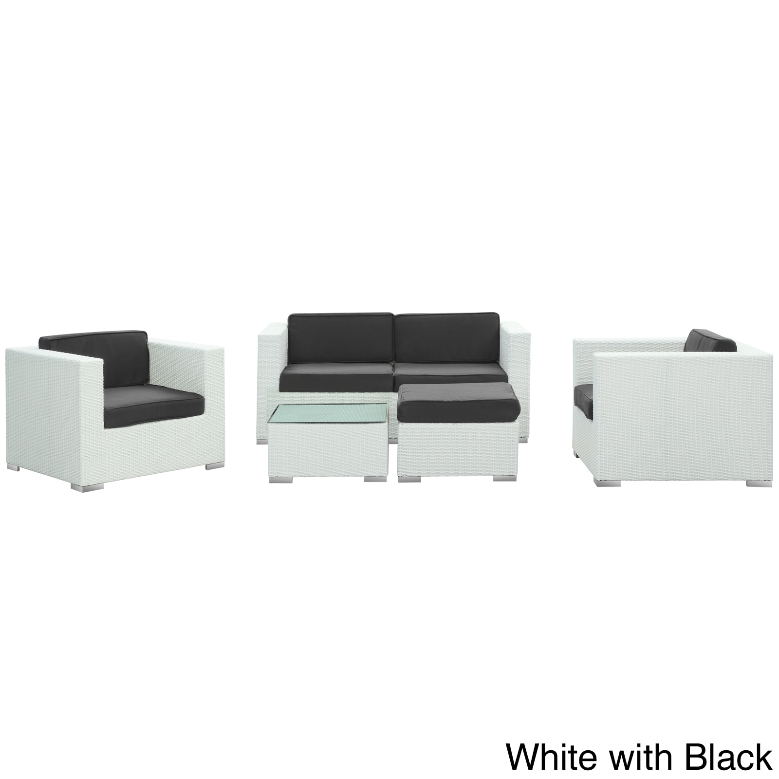 Malibu Outdoor Rattan 5 piece Set In White With Black Cushions