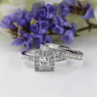 Auriya 14k Gold 1 1/2ctw Princess-cut Halo Diamond Engagement Ring Set (H-I, I1-I2)