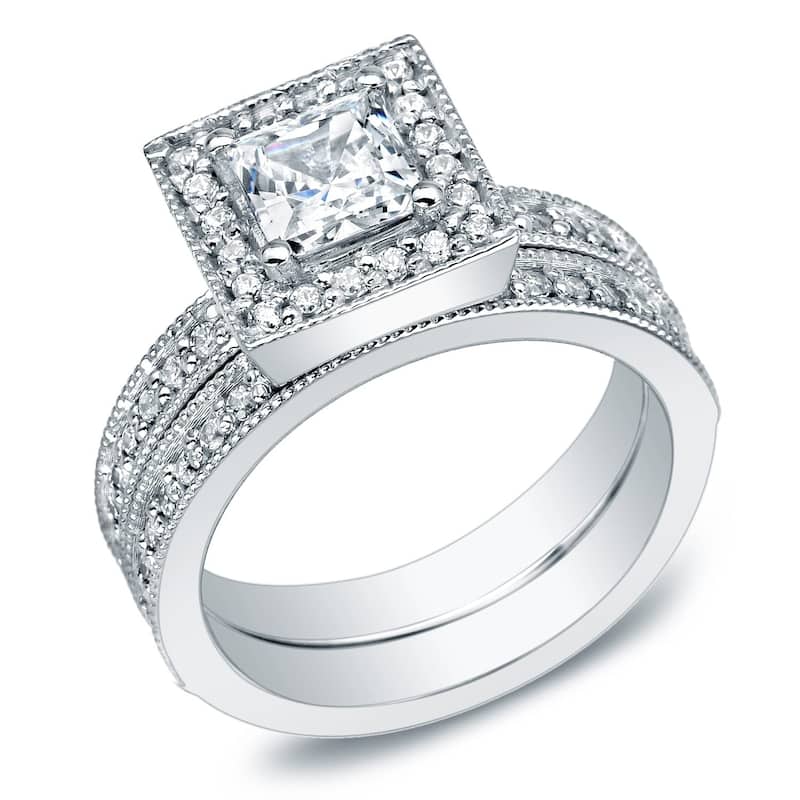 Auriya 14k Gold 1 1/2ctw Princess-cut Halo Diamond Engagement Ring Set (H-I, I1-I2)
