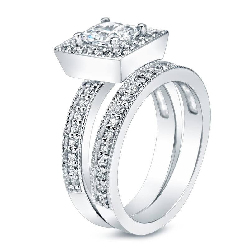 Auriya 14k Gold 1 1/2ctw Princess-cut Halo Diamond Engagement Ring Set (H-I, I1-I2)