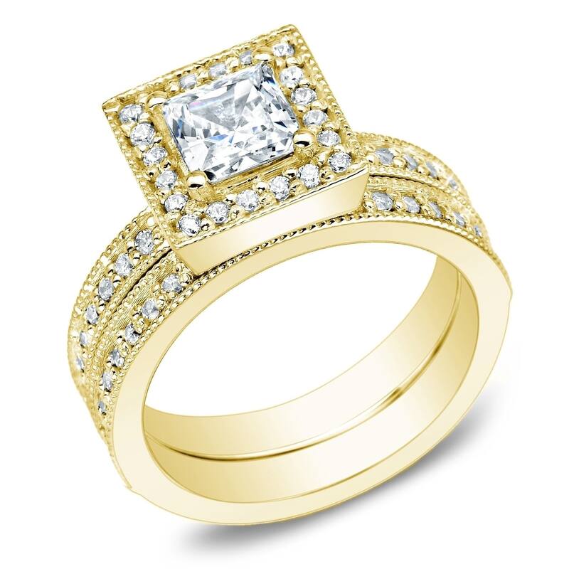 Auriya 14k Gold 1 1/2ctw Princess-cut Halo Diamond Engagement Ring Set (H-I, I1-I2)