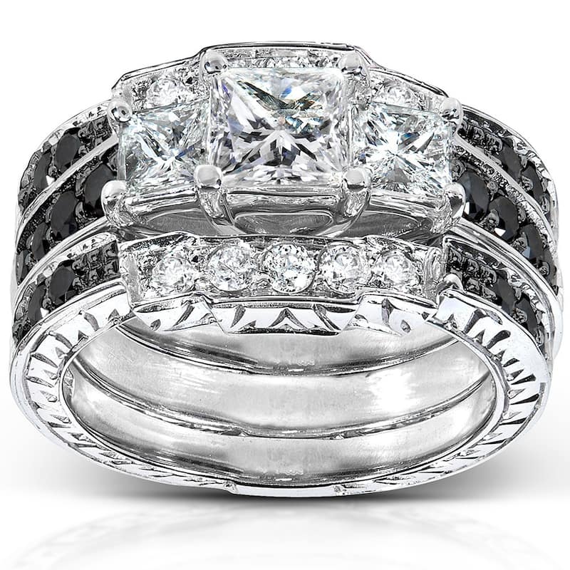 Annello by Kobelli 14k White Gold 1 7/8ct TDW Black and White Diamond 3-piece Bridal Rings Set - 4
