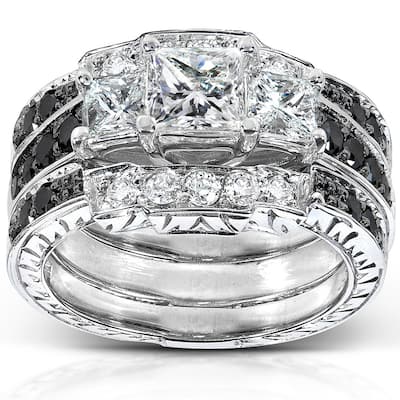 Annello by Kobelli 14k White Gold 1 7/8ct TDW Black and White Diamond 3-piece Bridal Rings Set