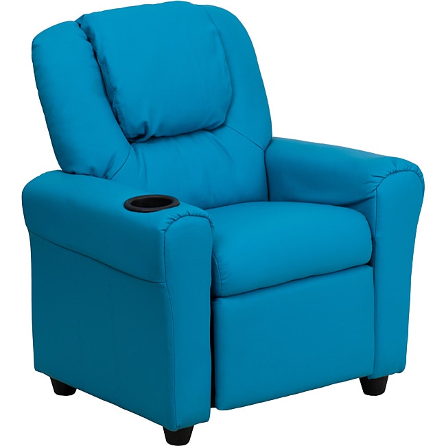 Contemporary Turquoise Vinyl Kids Recliner With Cup Holder And Headrest