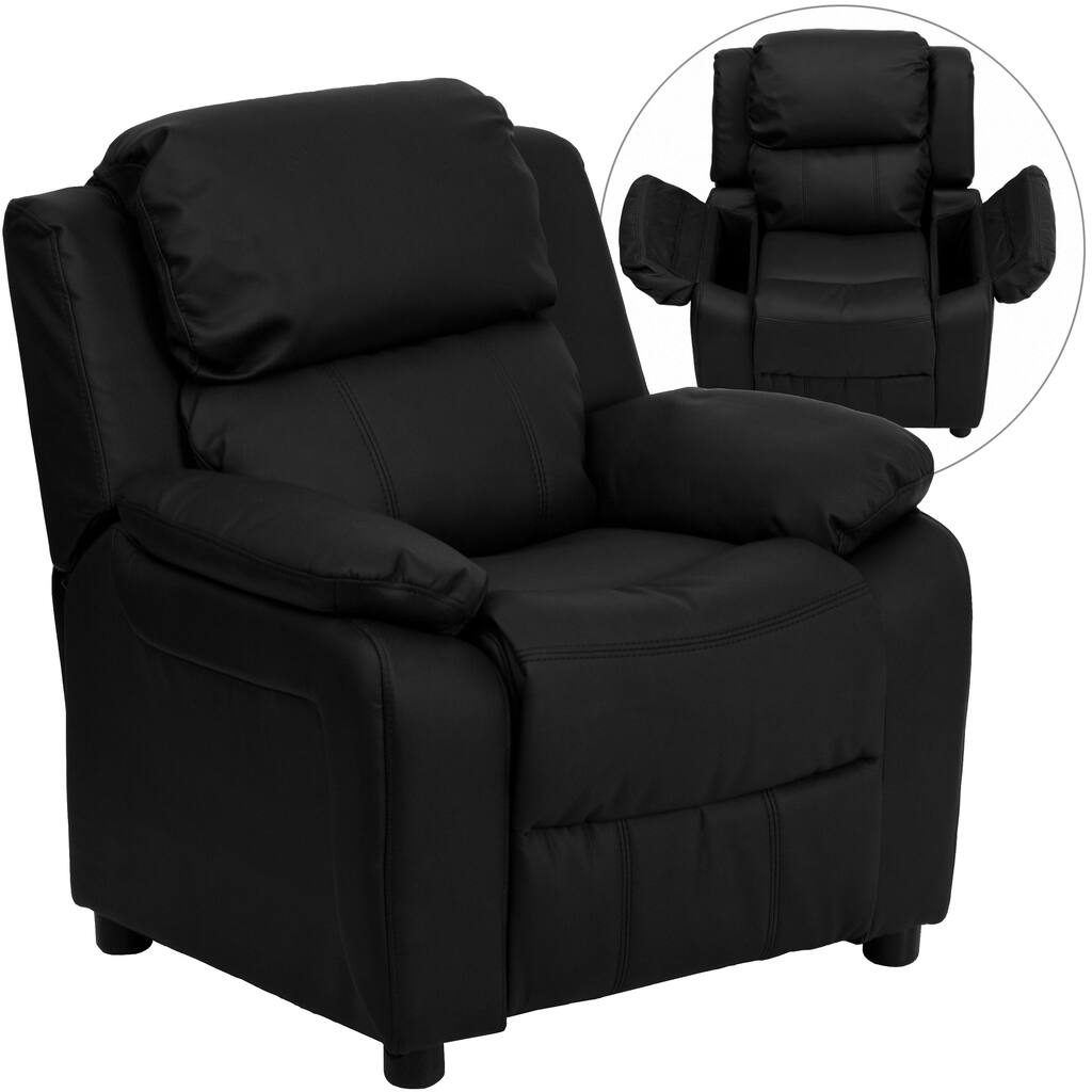 Deluxe Heavily Padded Contemporary Leather Kid's Recliner with Storage Arms