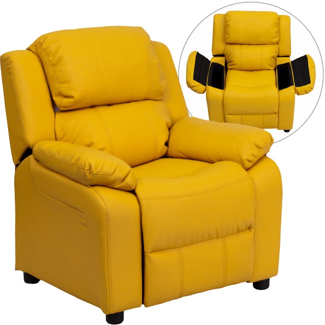 Deluxe Heavily Padded Contemporary Yellow Vinyl Kids Recliner With Storage Arms