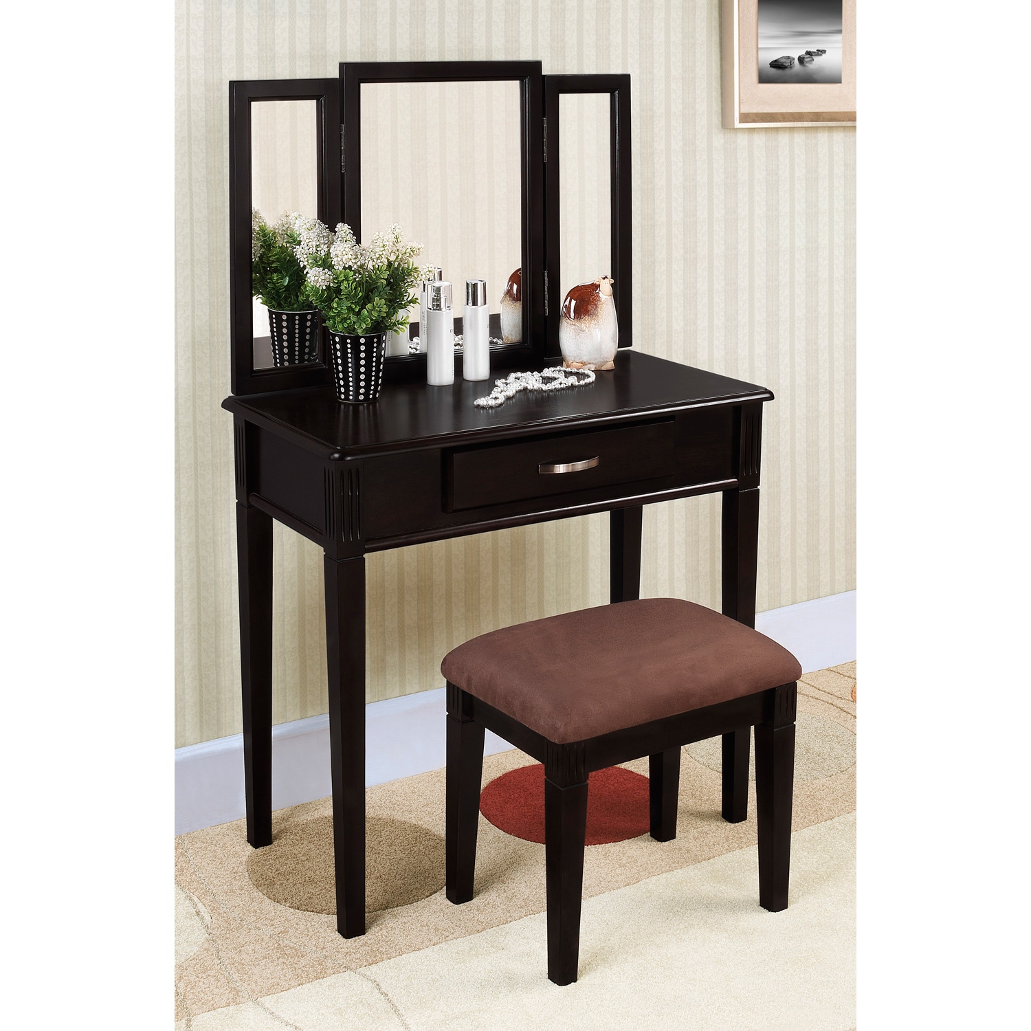 Black Finish Tri-mirror Vanity Table and Stool - Free ...