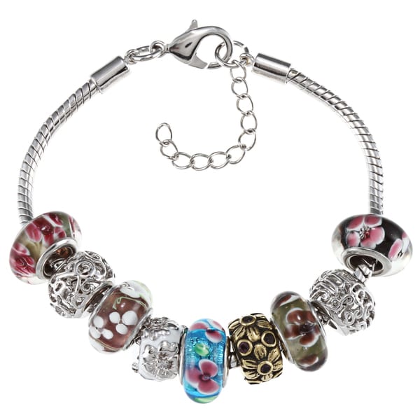 La Preciosa Silvertone Multi colored Floral Glass Bead Charm Bracelet
