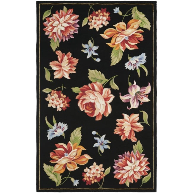 Hand hooked Botanical Black Wool Rug (53 X 83)