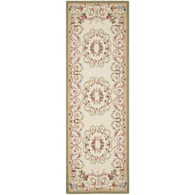 Hand hooked Aubusson Ivory/ Sage Wool Rug (26 X 12)