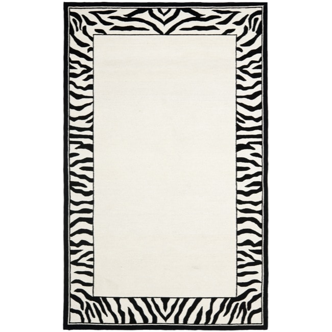 Hand hooked Zebra Border White/ Black Wool Rug (53 X 83)