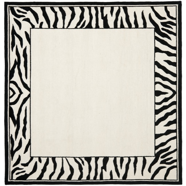 Hand hooked Zebra Border White/ Black Wool Rug (6 Square)