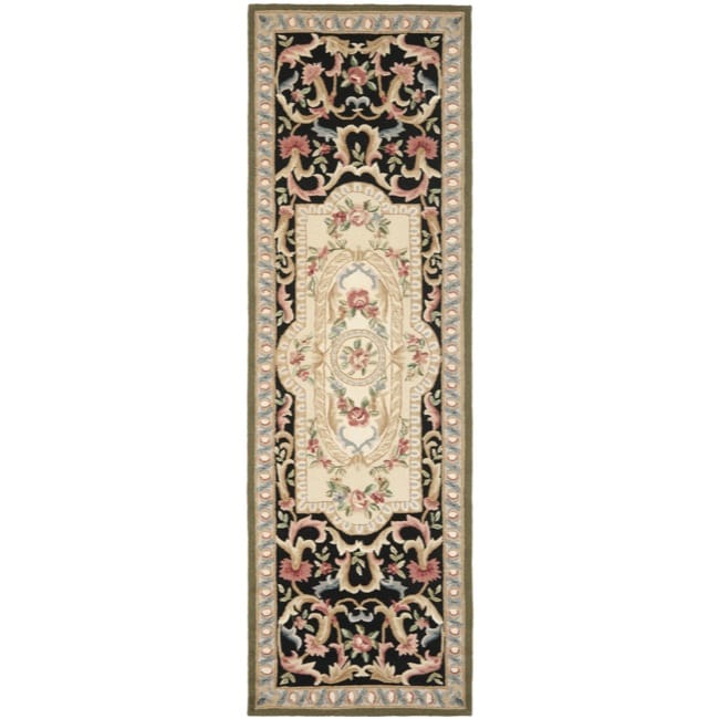 Hand hooked Aubusson Black Wool Rug (26 X 10)