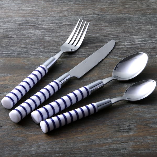 slide 2 of 2, LeBrun "Atoll" Blue Stripe 16-piece Flatware Set