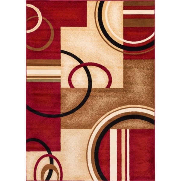 Well Woven Arcs Shapes Abstract Modern Circles Boxes Red Ivory Beige Area Rug - 6'7" x 9'6"