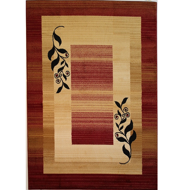 Red/ Beige Leaf Border Print Rug (67 X 93)