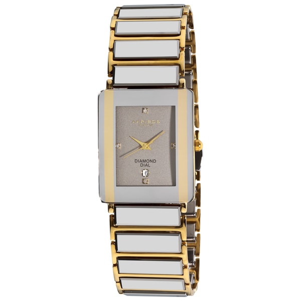 Akribos XXIV Men's Rectangular Ceramic Quartz Silver Gold-Tone Bracelet Watch
