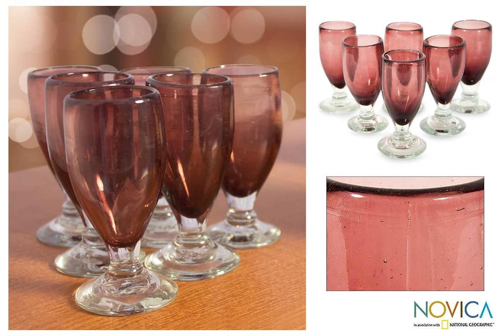 Handmade Set of 6 Blown Glass 'Amethyst Celebration' Shot Glasses (Mexico)