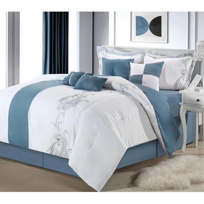 Ann Harbor 8 piece Blue/white Comforter Set (White/blueMaterials 100 percent polyesterCare instructions Machine washableQueen dimensionsComforter measures 90 inches wide x 90 inches longBedskirt 60 inches wide x 80 inches longShams 20 inches wide x 2