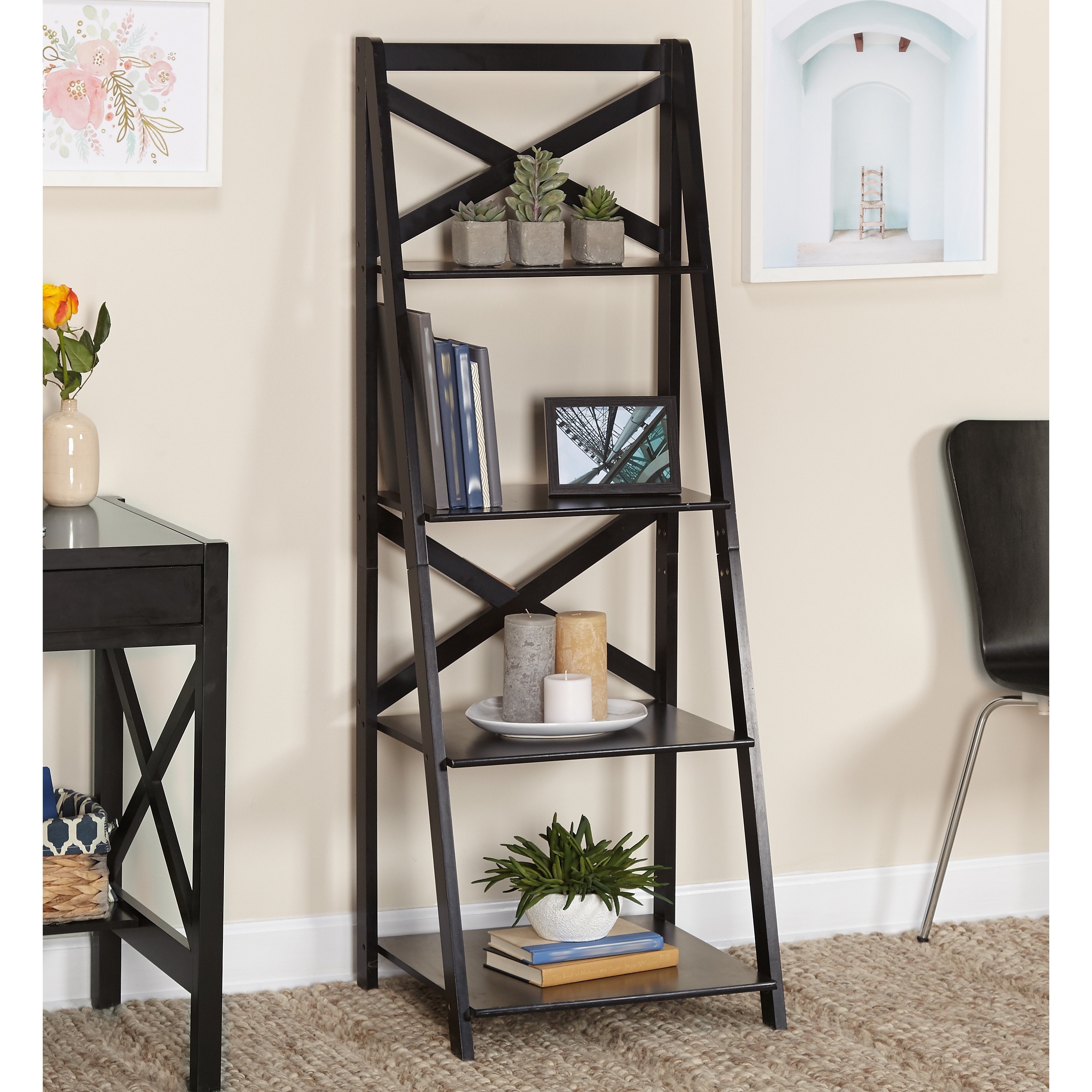 Black Wood X back 4 tier Ladder Shelf