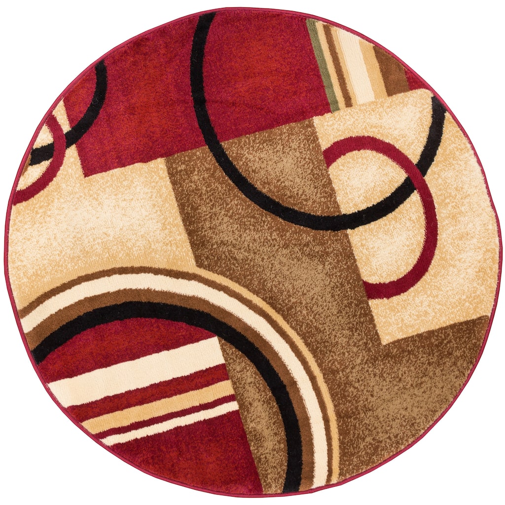 Well Woven Abstract Modern Circles and Boxes Red Ivory and Beige Round Area Rug - 5'3