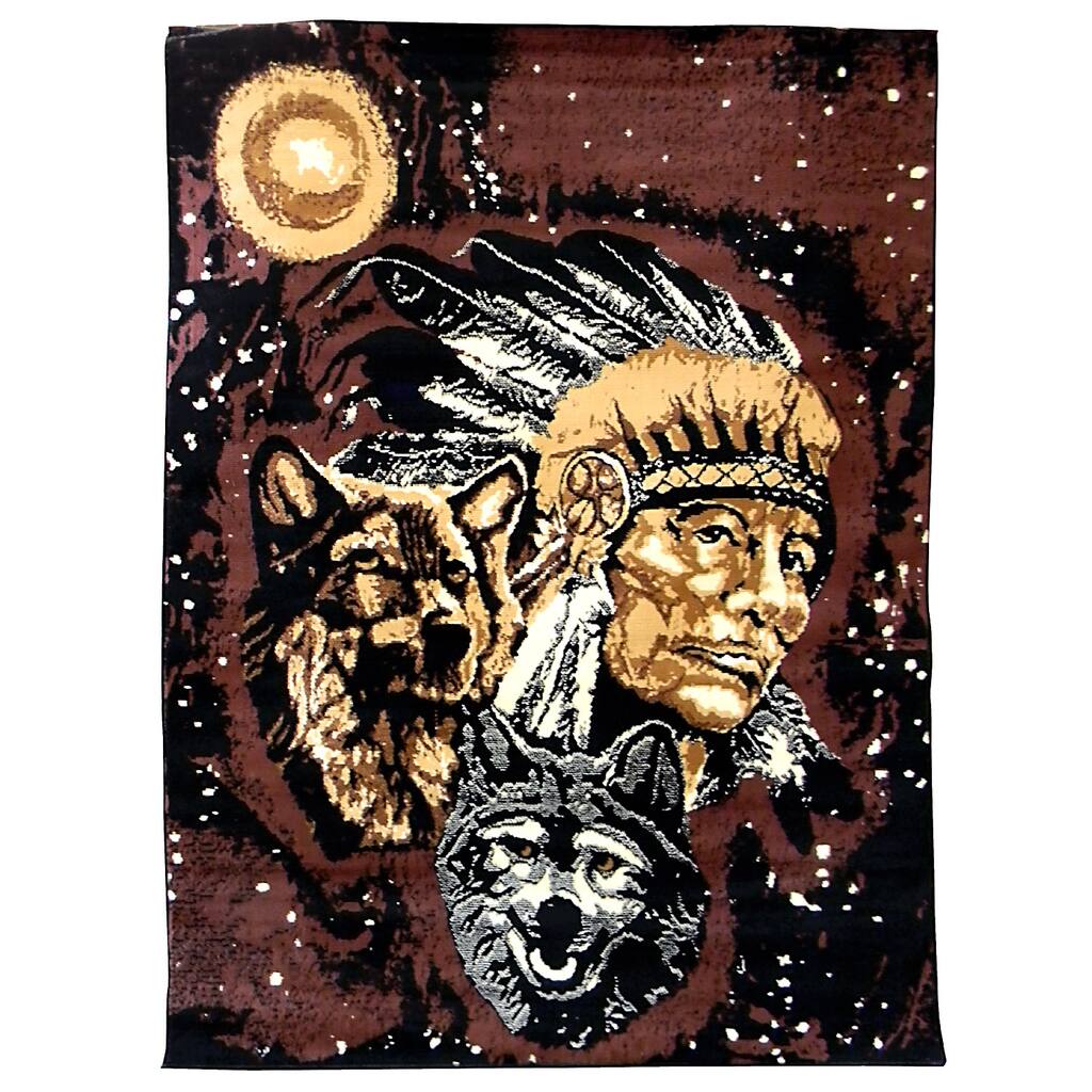 African Adventure Indian with Wolves Brown Area Rug (5' x 7') - 5' x 7'