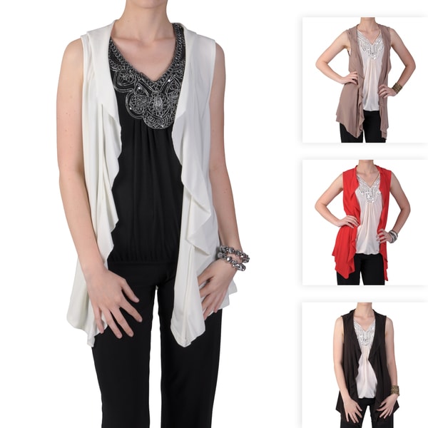 Tressa Designs Womens Ruffled Asymmetrical Sleeveless Cardigan