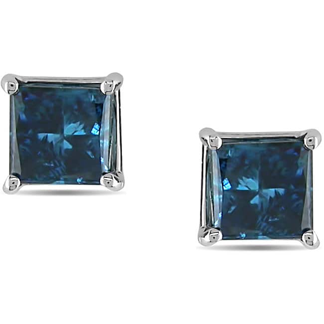 Miadora 14k White Gold Princess Blue Diamond Stud Earrings