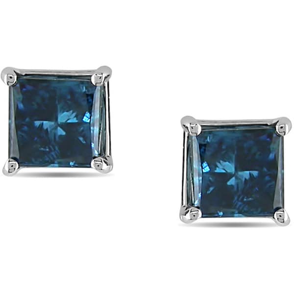 Shop Miadora 14k White Gold Princess Blue Diamond Stud Earrings - Free ...