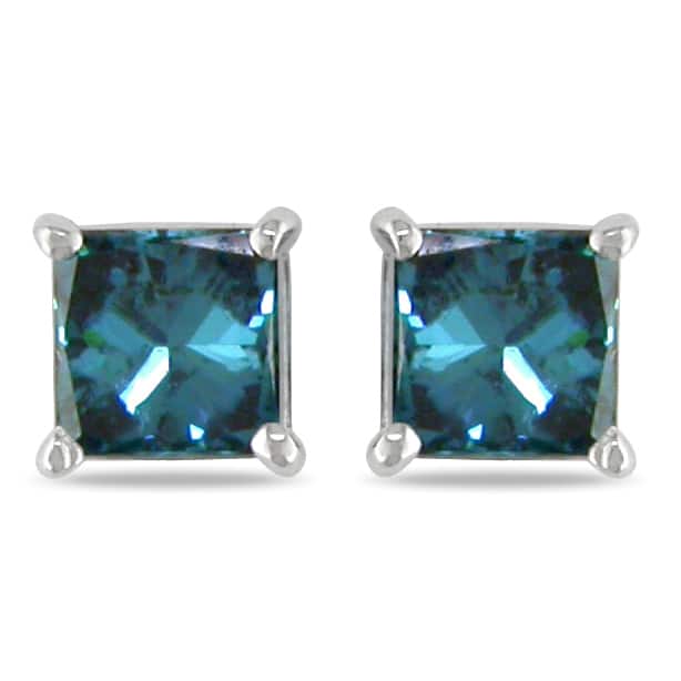 Miadora 14k White Gold Princess Blue Diamond Stud Earrings