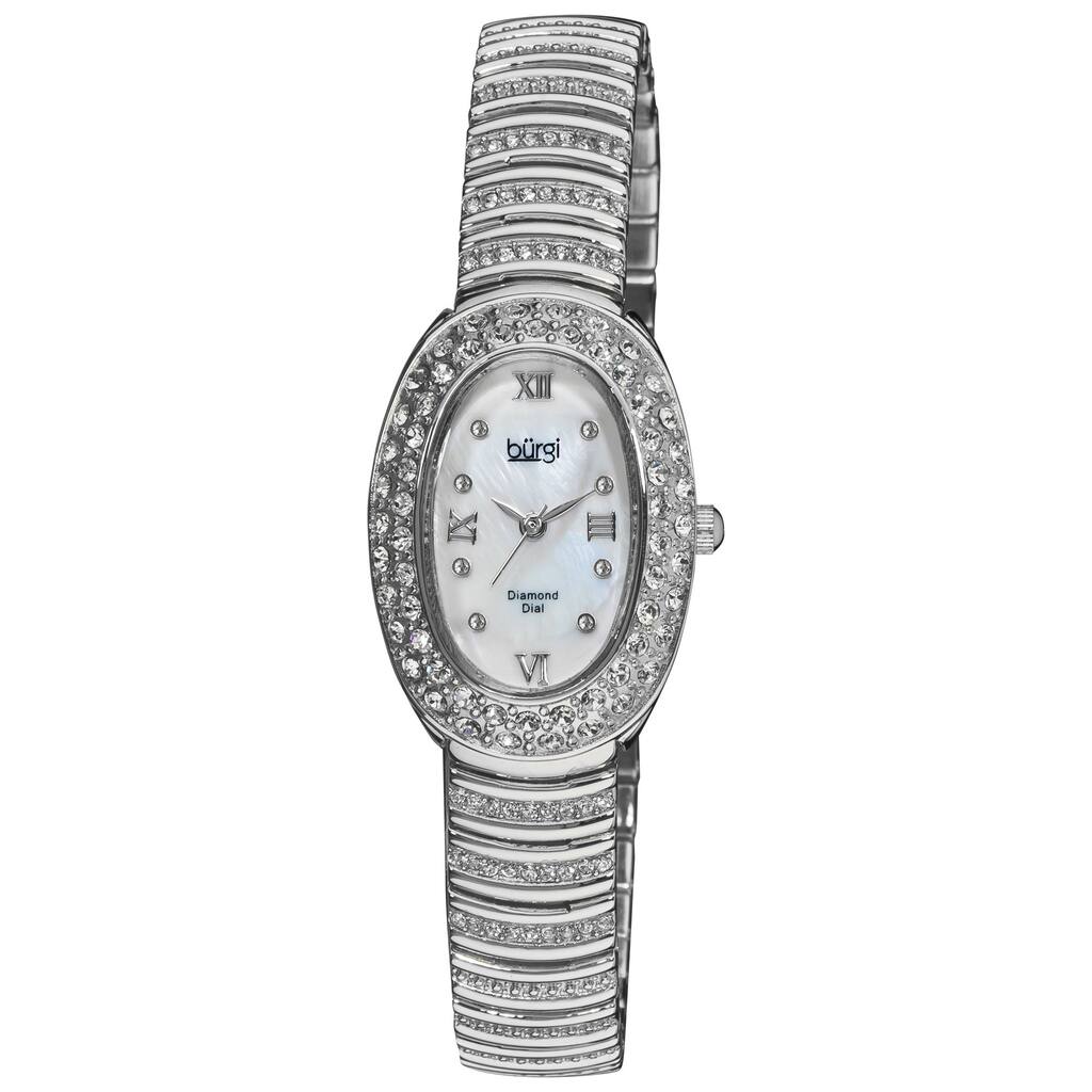 Burgi Women's Diamond Oval Quartz Silver-Tone Bracelet Watch