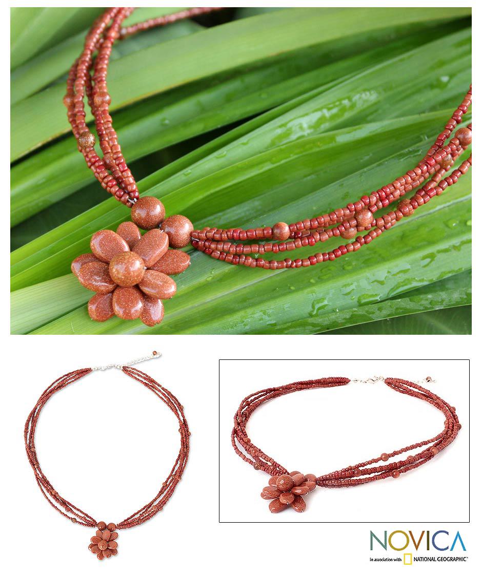 Handmade Beaded 'Cinnamon Paradise Flower' Necklace (Thailand)