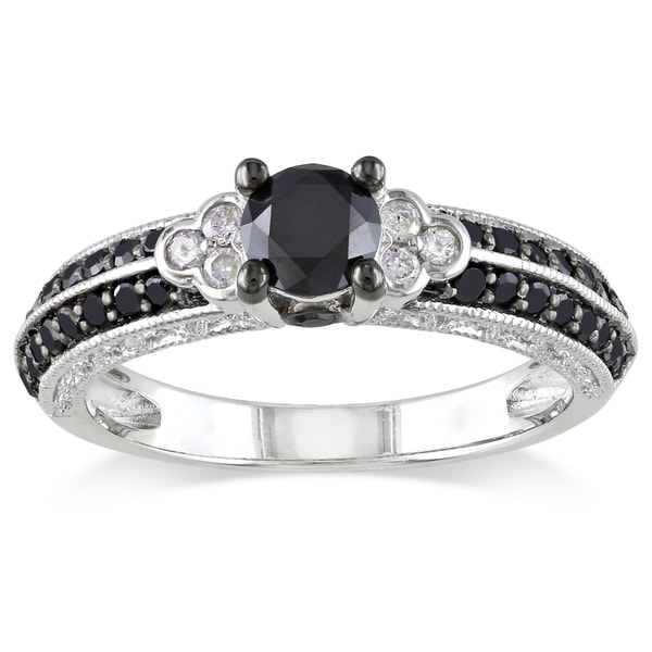 Miadora Milgrain finished Sterling Silver 1ct TDW Black and White Diamond Ring (H I, I2 I3) Miadora Diamond Rings